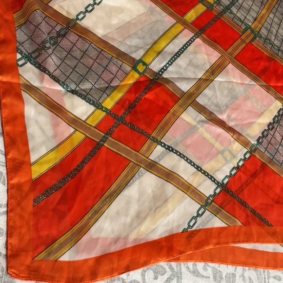 Oversized silk feel scarf/wrap. Chains and belts pattern. 34” by 72”. - Picture 2 of 5